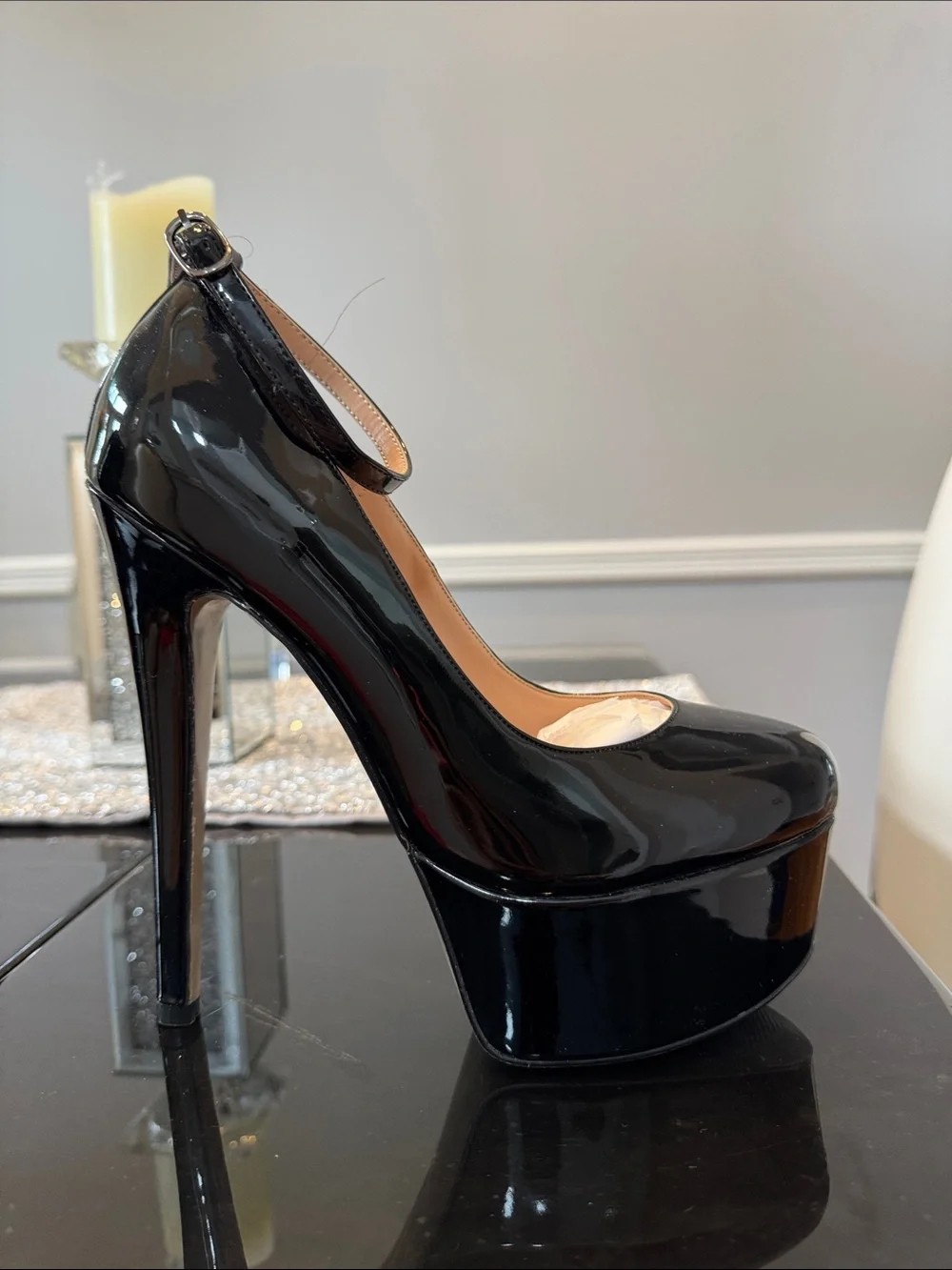Black Patent Platform Ankle-Strap Pumps by VAYDERNS